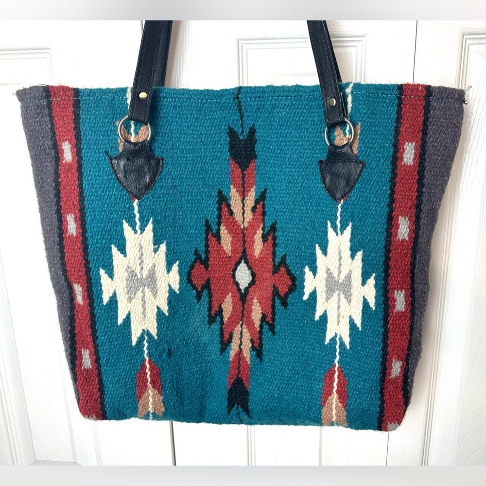SOUTHWESTERN Saddle Blanket Bag Tote Purse Wool Aztec Tribal Turquoise Red Wool